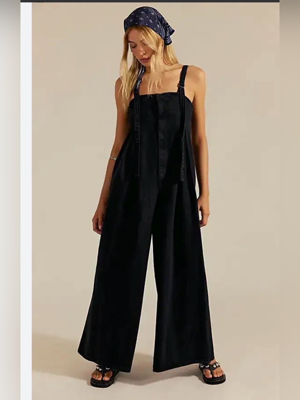 RT198 Free People WE THE FREE LUMY ONE-PIECE Black Wide-Leg Tie-Strap Jumpsuit